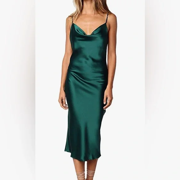 Dresses | Spaghetti Strap Satin Green Midi Dress | Poshmark